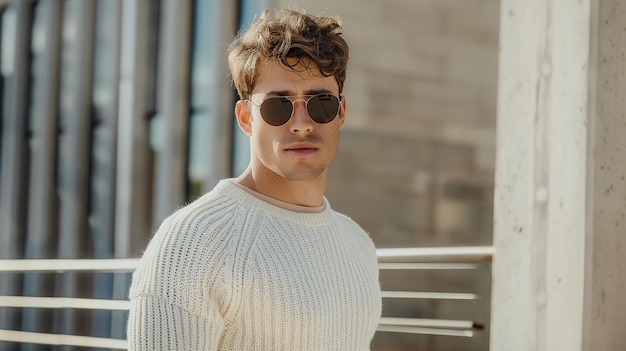 a man wearing sunglasses stands in front of a building