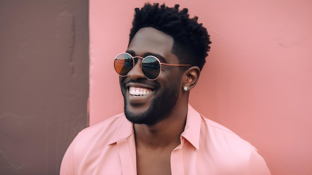 A man wearing sunglasses stands in front of a pink wall.