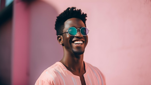 A man wearing sunglasses stands in front of a pink wall.