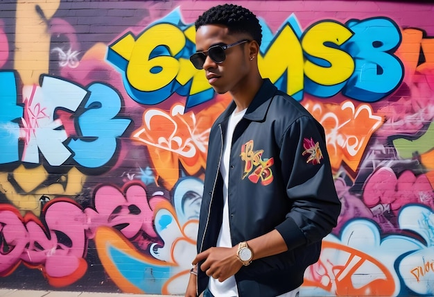 a man wearing sunglasses stands in front of a wall with graffiti on it