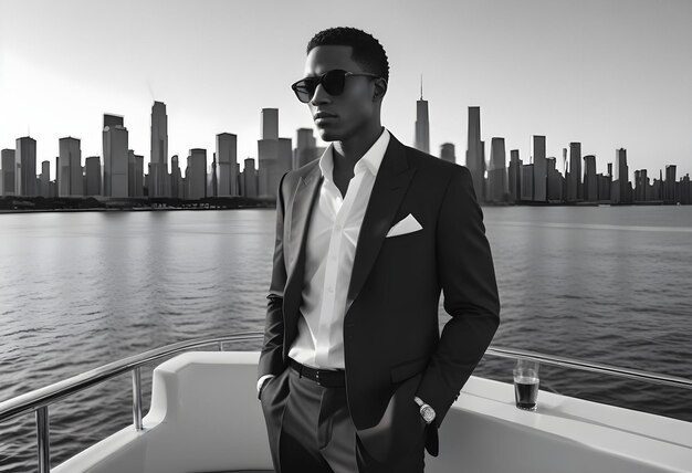 Photo a man wearing sunglasses and a suit stands on a boat in front of a city skyline