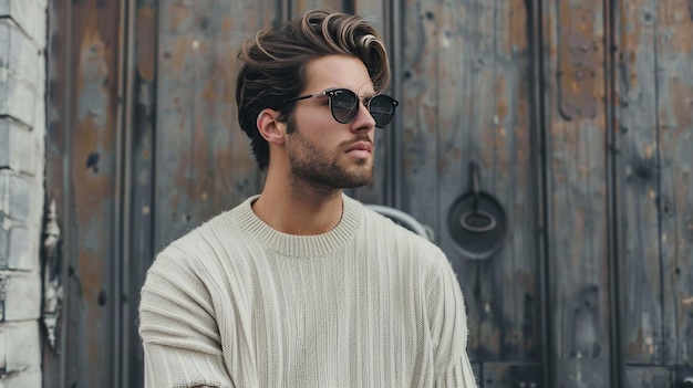 a man wearing sunglasses and a sweater stands in front of a wooden wall