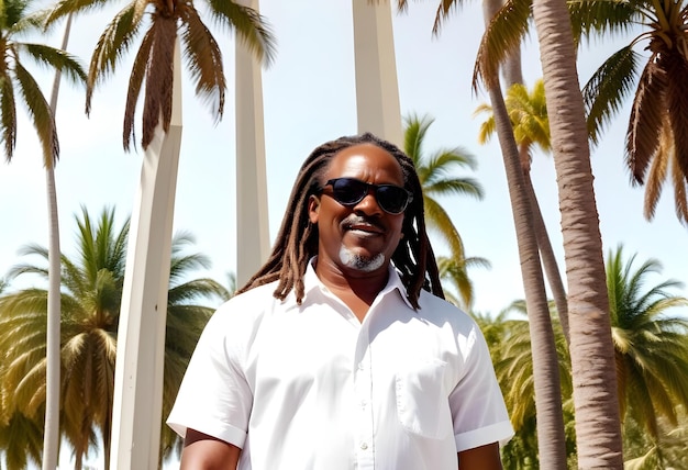 a man wearing sunglasses and a white shirt is standing in front of palm trees