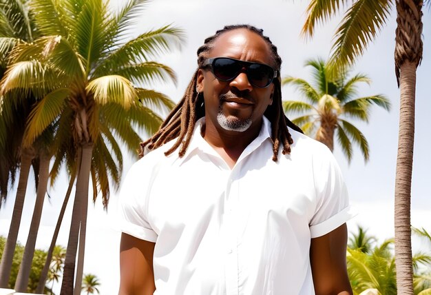 a man wearing sunglasses and a white shirt with the word dreadlocks on it