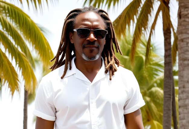 a man wearing sunglasses and a white shirt with the word dreadlocks on it