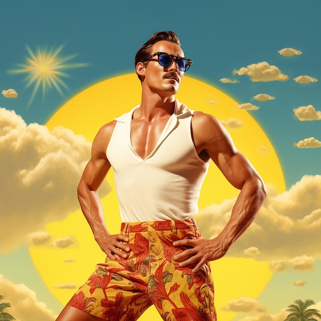 a man wearing sunglasses and a white tank top stands in front of a sun with a sun behind him