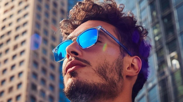 a man wearing sunglasses with a blue lens on his face