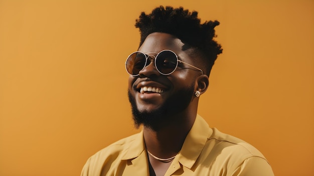 A man wearing sunglasses and a yellow shirt stands in front of a yellow background.