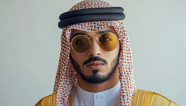 a man wearing sunglasses and a yellow shirt with a black and white design