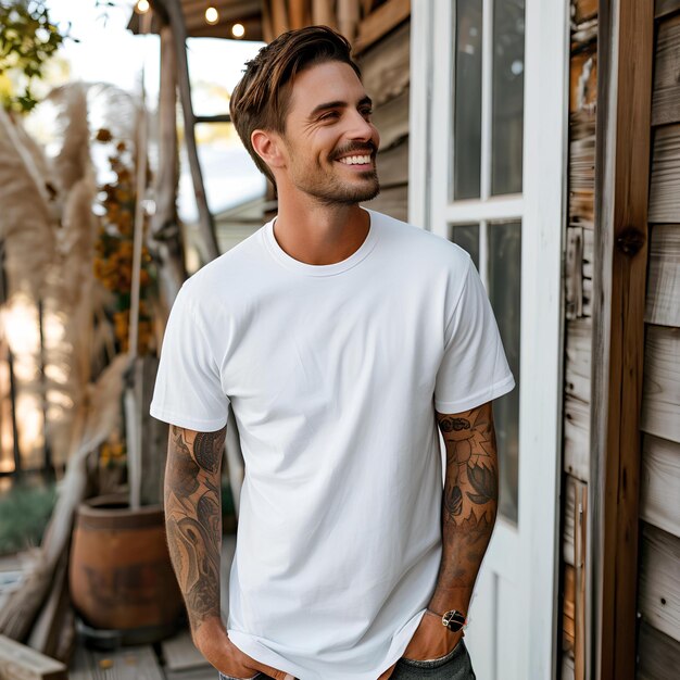 A man wearing a t shirt in front of a house with tattoos