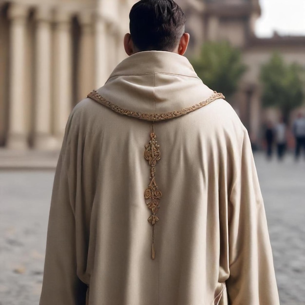 Photo a man wearing a tan coat with a design on the front