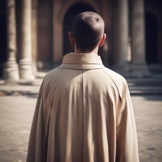 Photo a man wearing a tan jacket stands in front of a building with a large archway in the background