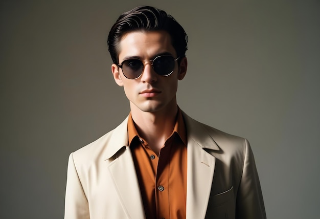 Photo a man wearing a tan jacket and sunglasses is standing in front of a white background