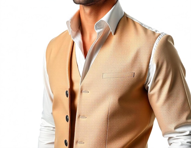 Photo a man wearing a tan vest with a white collar and a white shirt that says  hes a beard