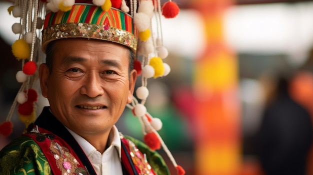 a man wearing a traditional indian headdress stands in front of a colorful wall