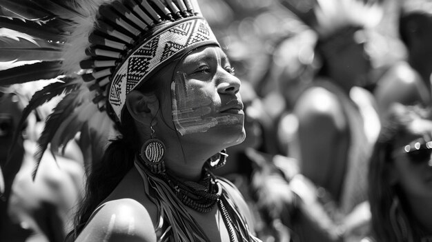 Photo a man wearing a traditional indian headdress stands in front of a crowd