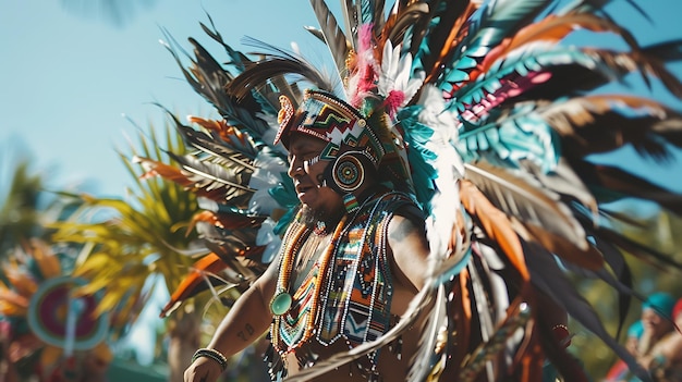 A man wearing a traditional Native American headdress and colorful clothing performs a ceremonial dance