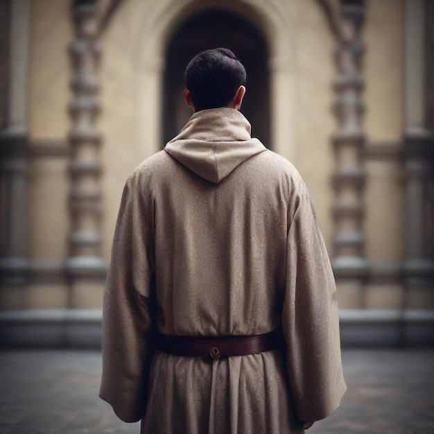 a man wearing a trench coat stands in front of a building