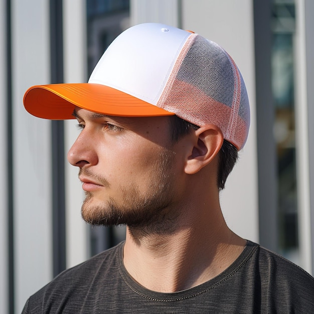 Photo man wearing trucker cap with orange peak white mesh and white front