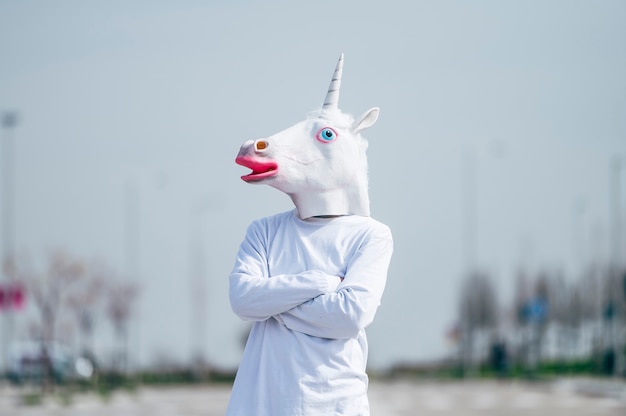 Man wearing unicorn mask posing