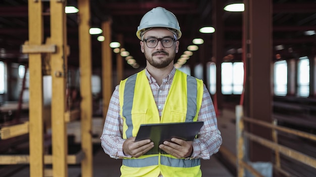 a man wearing a vest and glasses holding a tablet in front of a building