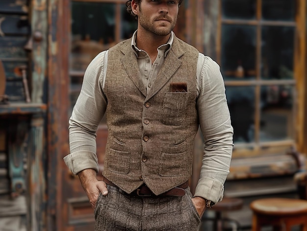 a man wearing a vest and a shirt with a pocket on it