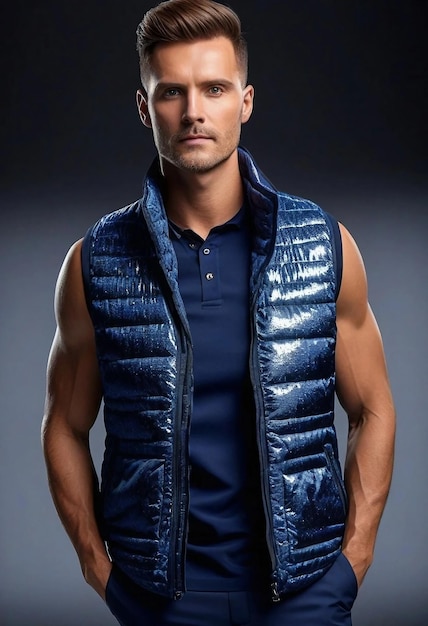 Photo a man wearing a vest that says mens clothing