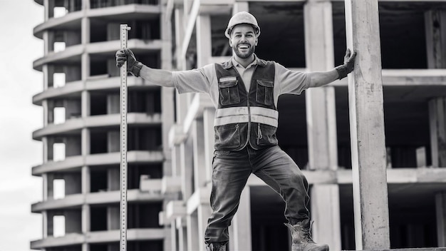 a man wearing a vest that saysthe word  on it