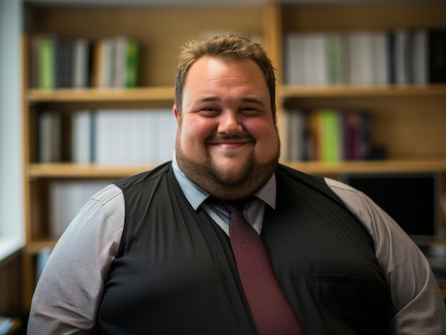 a man wearing a vest and tie in front of a bookshelf