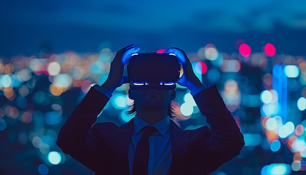 a man wearing a virtual reality glasses is looking up at the night city lights