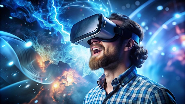 Photo a man wearing a virtual reality glasses is wearing a blue checkered shirt