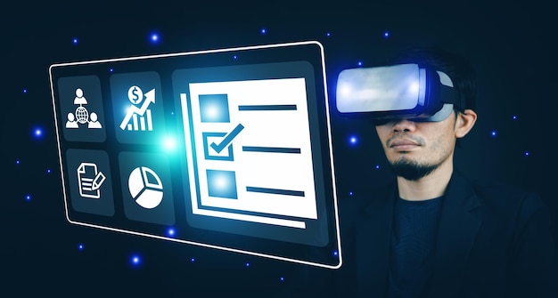 A man wearing virtual reality glasses with a checklist in the middle.