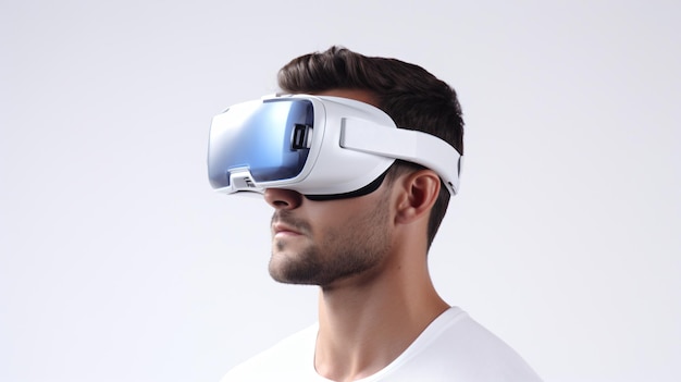 a man wearing virtual reality glasses with the d - g on the top