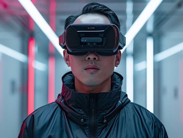 a man wearing a virtual reality goggles with the word quot on the screen quot