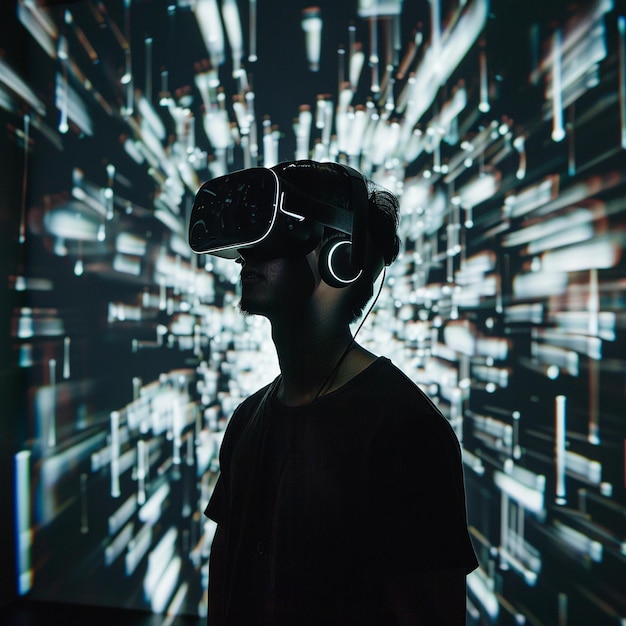 A man wearing a virtual reality headphones stands in front of a screen Extended Reality