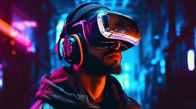 A man wearing a virtual reality headset in front of a dark background.