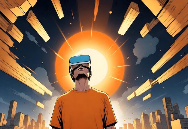 Photo a man wearing a virtual reality headset is looking at a city