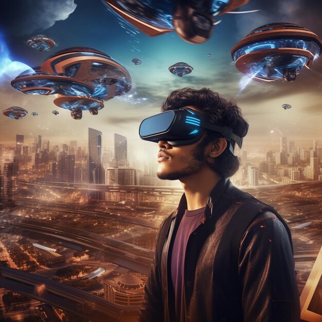 A man wearing a virtual reality headset is looking at a cityscape.