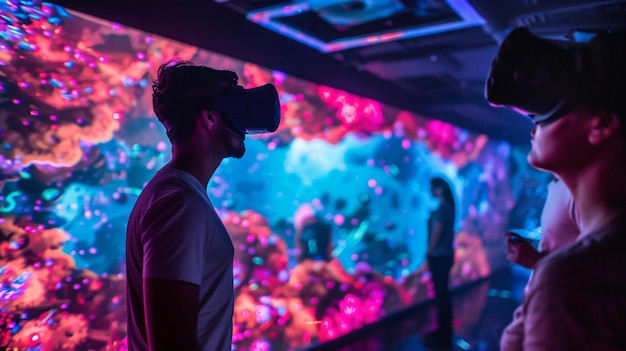 a man wearing a virtual reality headset is in a room with a large underwater aquarium