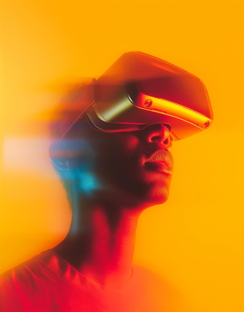 a man wearing a virtual reality headset is shown in a yellow background