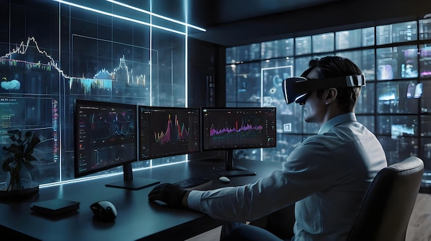 a man wearing a virtual reality headset is sitting at a desk with a monitor showing a graphs