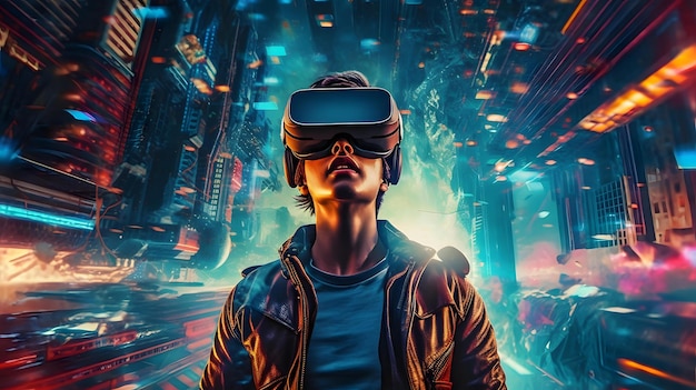 a man wearing a virtual reality headset is in a video game