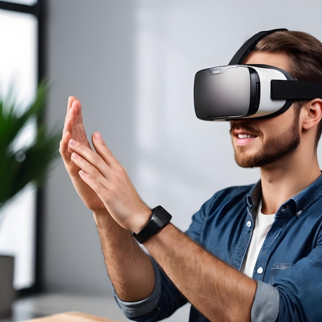 a man wearing a virtual reality headset is wearing a blue shirt