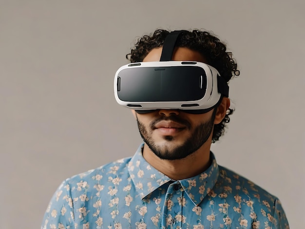 a man wearing a virtual reality headset is wearing a blue shirt