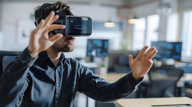 a man wearing a virtual reality headset is wearing a pair of virtual reality glasses