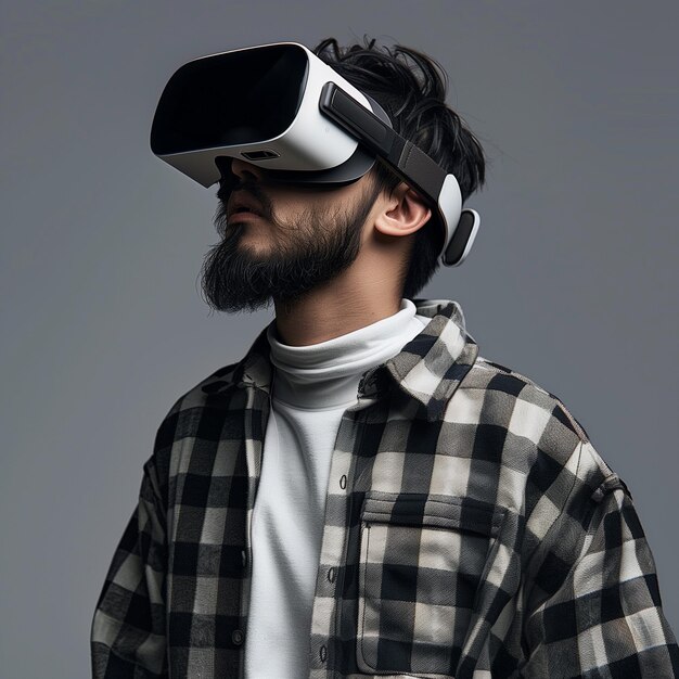 Photo a man wearing a virtual reality headset is wearing a shirt that says  virtual