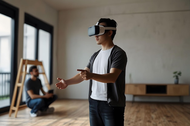 a man wearing a virtual reality headset is wearing a virtual reality headset