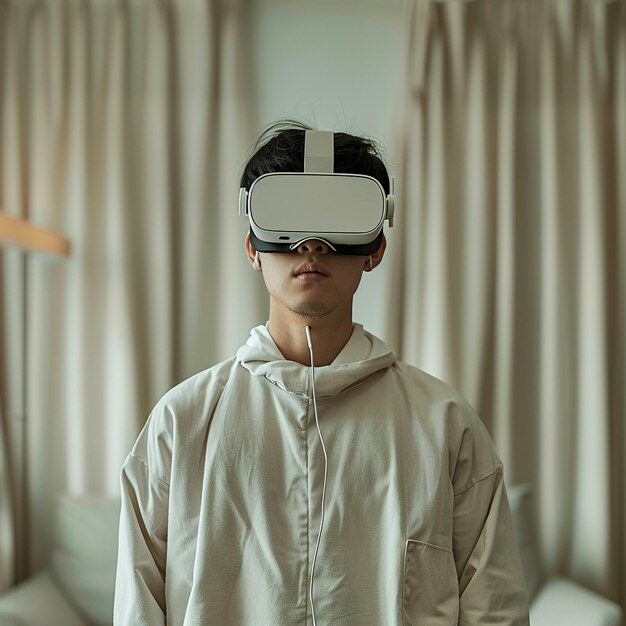 a man wearing a virtual reality headset is wearing a white shirt