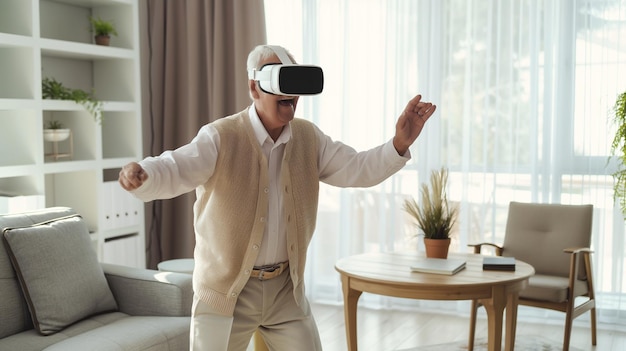 a man wearing a virtual reality headset is wearing a white shirt