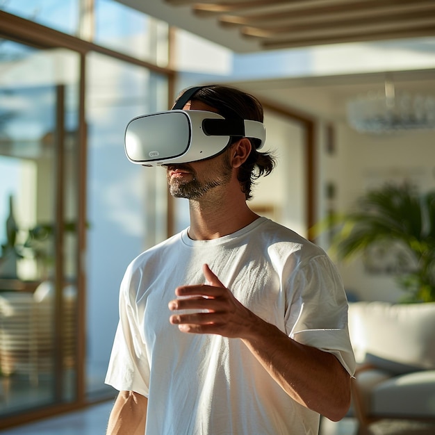 a man wearing a virtual reality headset is wearing a white t shirt